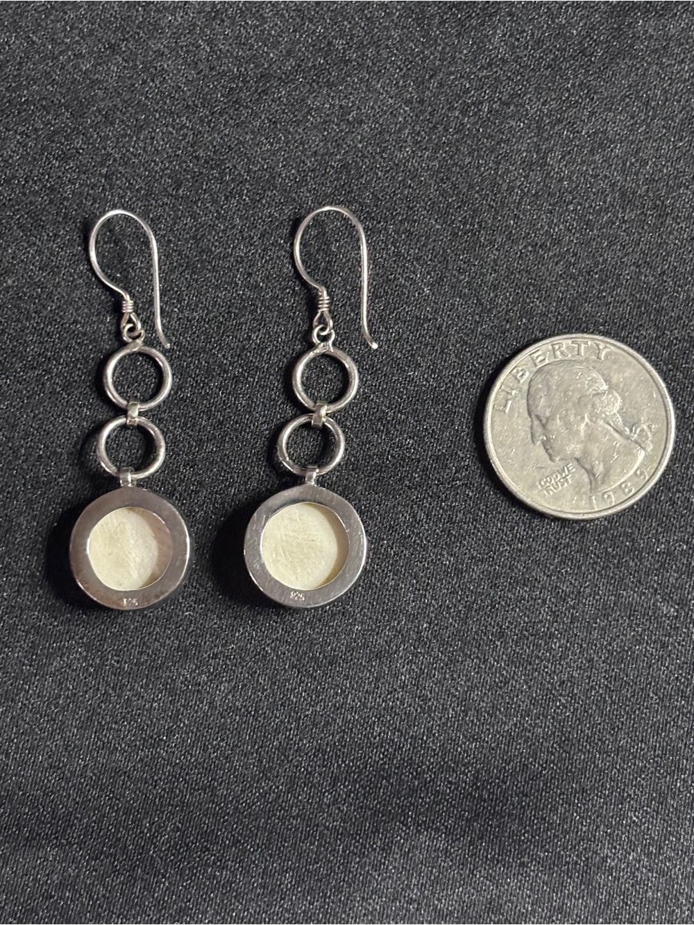 Silver 925 Cream Full Moon Face Goddess Hooks And Linked Rings Dangle Earrings - Picture 7 of 7